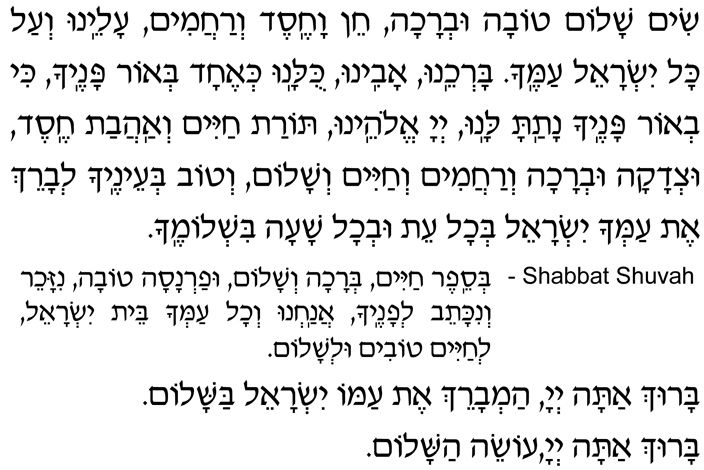 Hebrew Text of the Final Blessing in the Amidah Sim shalom tovah uv’rachah, chein vachesed v’rachamim, aleinu v’al kol Yisrael amecha. Bar’cheinu, yotzreinu, kulanu k’echad b’or panecha, ki v’or panecha natata lanu, Adonai Eloheinu, Torat chayim v’ahavat chesed, utz’dakah uv’rachah v’rachamim v’chayim v’shalom. V’tov b’einecha l’vareich et amcha Yisrael b’chol eit uv’chol shaah bish’lomecha.