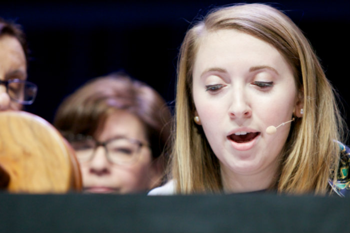 Young woman chanting Torah