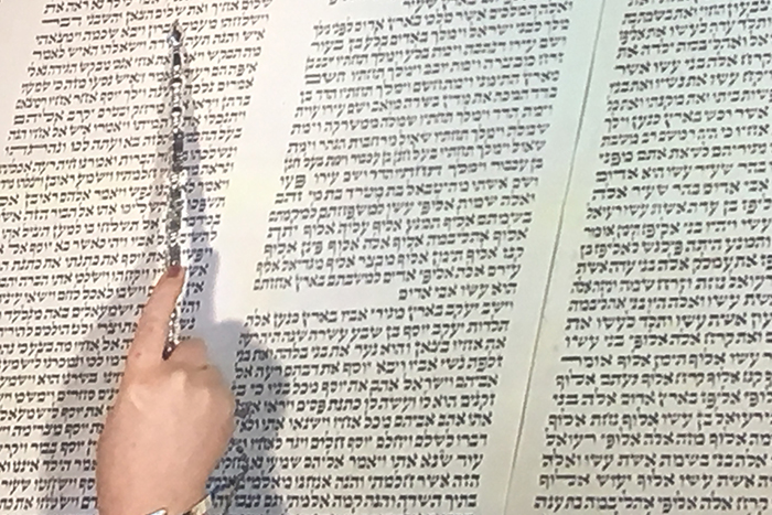 hand holding yad reading from the Torah