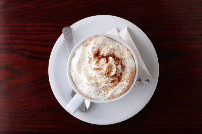 Aerial view of hot chocolate topped with whipped cream in a white mug on a white plate
