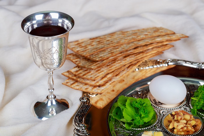 seder plate with silver kiddush cup