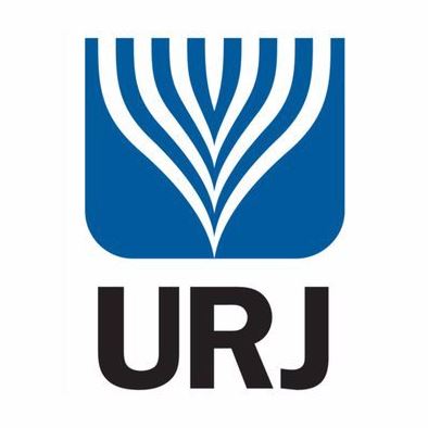 Blue and white URJ logo in the shape of a menorah 
