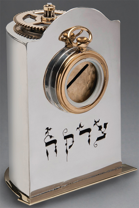 FRANN ADDISON, "Time to Give," 2020; Pewter, brass, vintage watch/clock parts; 5.5" x 4" x 2"