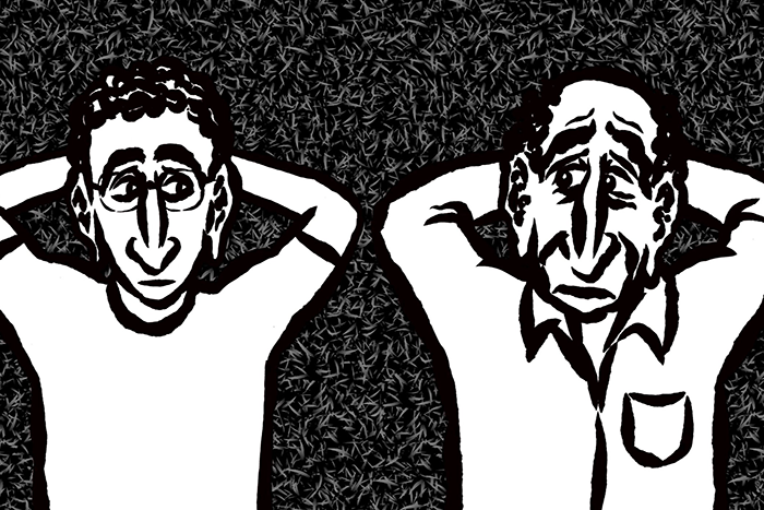 an animation from Hanan Harchol of two guys laying down with their arms behind their heads 