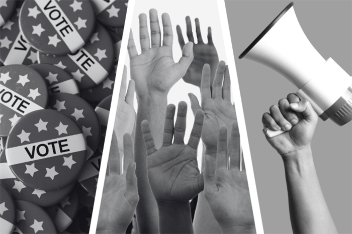 Photo of voting; a pin that says Vote on it, hands raised in the air and a blow horn, all black and white