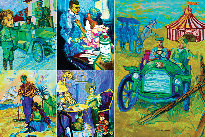 Photo of five colorful paintings depicting women as Jewish heroes