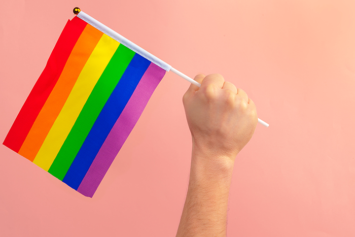 Photo of a hand holding up a LGBTQ+ flag