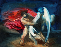 "Ya'acov and the Angel (After Braswell)", 2025, oil on paper 