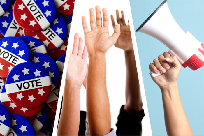 Photo of voting; a pin that says Vote on it, hands raised in the air and a blow horn