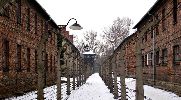 Barracks at Auschwitz Birkenau in the snow 