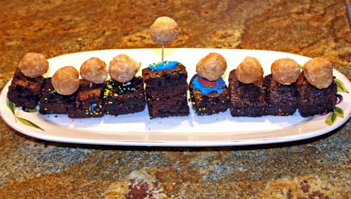 A Brownie Munchkin Menorah for the Jewish Holiday of Hanukkah or Chanukkah