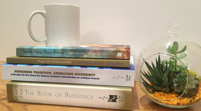 Jewish book titles sitting on a wood table with a mug atop the pile and a succulent next to it