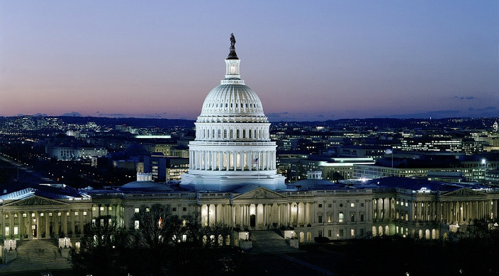 US Capitol building aerial view at twilight 