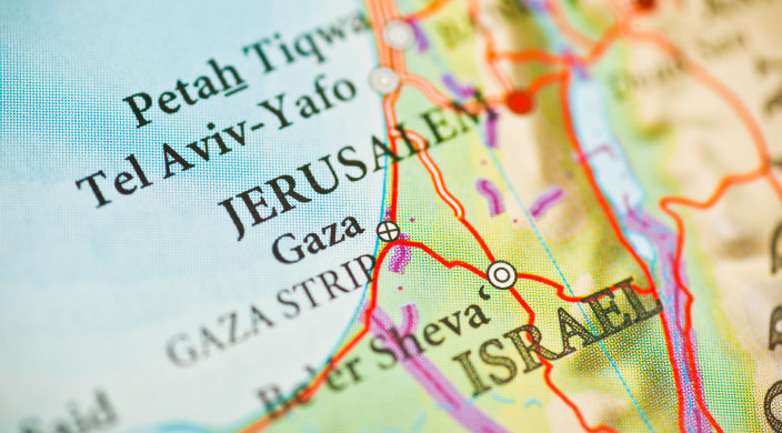 Brightly colored map of Israel with cities labeled