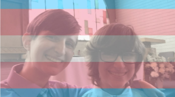 Rothman siblings with a trans flag filter overlaid in pink and blue