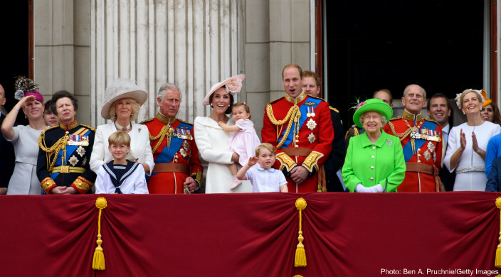 The royal family,with Prince William in the center in London during the Trooping the Colour on the queens 90th birthday