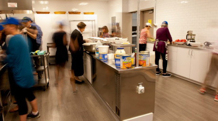 Volunteers working behind the scenes in the HUC JIR soup kitchen  