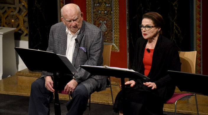 Ed Asner and Tovah Feldshuh in a scene from The Soap Myth