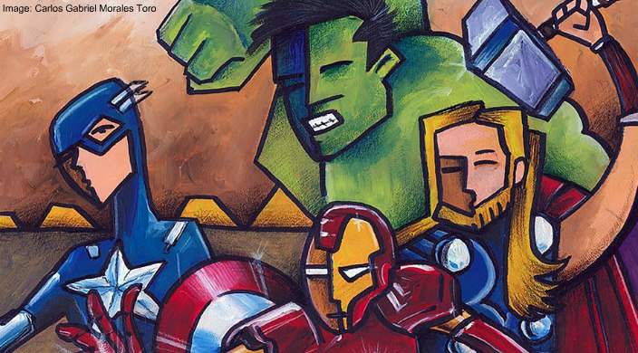 Line drawing of some of the characters from the Avengers movie