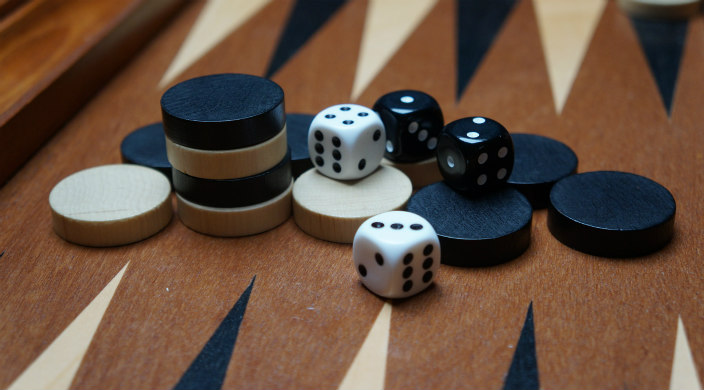 Backgammon board, playing discs, and dice