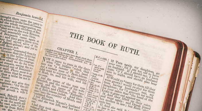 Well-worn book opened to the section entitled Book of Ruth
