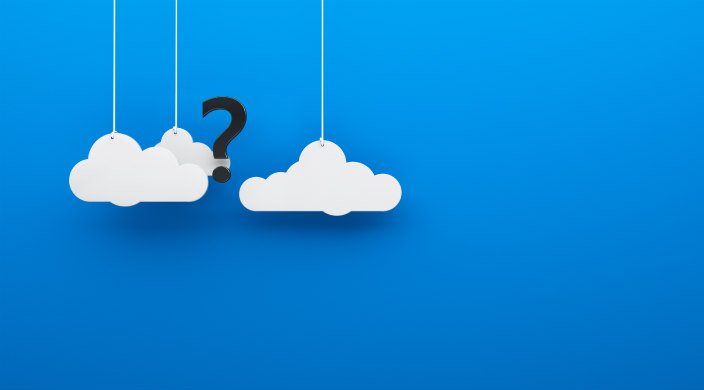 A black question mark amidst clouds on a blue background