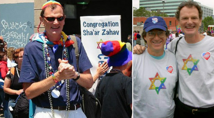 Collage of two photos includes one of a smiling man marching in a pride parade with a Shaar Zahav banner behind him and the other photo shows the same man with his husband as they both wear rainbow Star of David shirts  