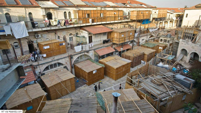 Aerial view of sukkahs in backyards in Israel
