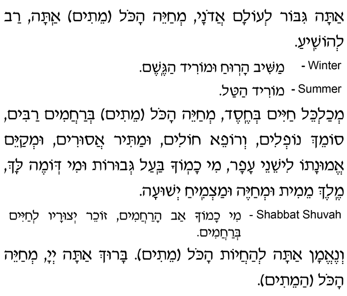 Hebrew Text of the Great Deeds (G'vurot) Prayer M’chalkeil chayim b’chesed, m’chayeih hakol (meitim) b’rachamim rabim, someich noflim, v’rofei cholim, umatir asurim, um’kayeim emunato lisheinei afar. Mi chamochah baal g’vurot umi domeh lach, melech meimit um’chayeh umatzmiach y’shuah. Shabbat shuvah — Mi chamochah Av harachamim, zocheir y’tzurav l’chayim b’rachamim. V’ne-eman atah l’hachayot hakol (meitim). Baruch atah, Adonai, m’chayeih hakol (hameitim).