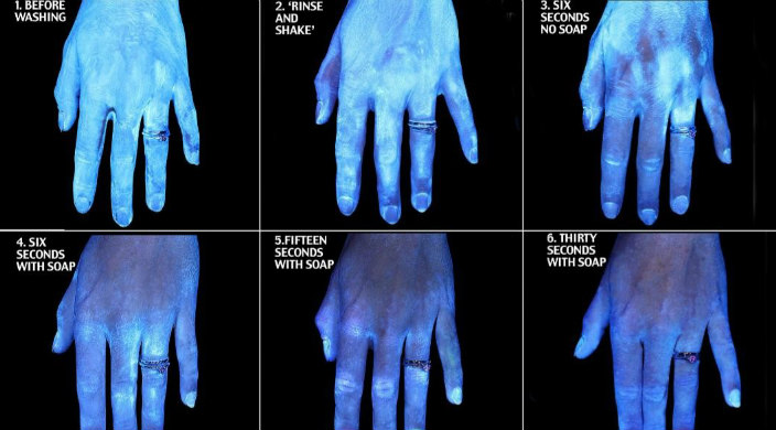Blacklight image progression of a hand getting cleaner the longer it is washed with soap