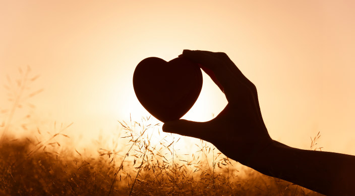 Shadowed hand holding heart-shaped figure in front of sunlight with golden grass in the background