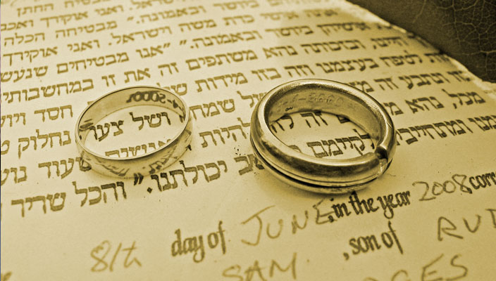 wedding rings on a ketubah, or marriage certificate