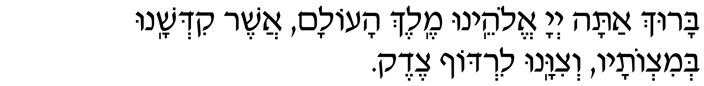 Hebrew Text of the Blessing for Pursuing Justice Baruch atah Adonai, Eloheinu melech haolam, asher kid'shanu b'mitzvotav v'tzivanu lirdof tzedek