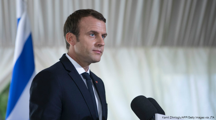 Closeup of French President Emmanuel Macron speaking at a ceremony commemorating the 75th anniversary of the Vel dHiv Holocaust roundup in Paris on July 16