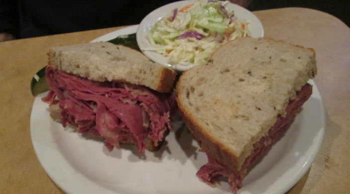 pastrami sandwich on rye on a plate