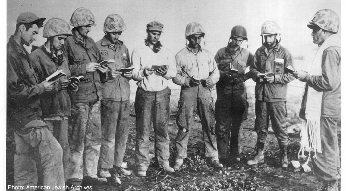 Rabbi Roland B. Gittelsohn conducting a Jewish service on Iwo Jima