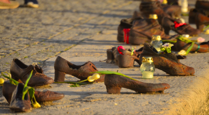 Art installation of shoes along the Danube in memory of Jews killed in Budapest, Hungary, in World War II