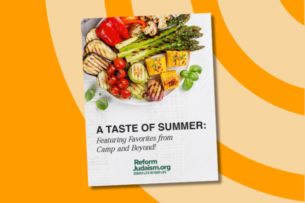 Photo of the summer camp cookbook cover with words "A Taste of Summer: Featuring Favorites from Camp and Beyond!" and a plate full of vegetables