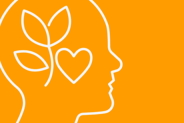 Graphic image of the outline of a person's head in white, on an ornage background with an outline of a heart and leaf inside the person's head