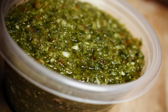 Closeup of green sofrito sauce