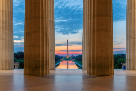 View of the Washington Monument through the columns of the Lincoln Memorial