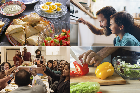 collage of people enjoying a meal together, parent and child checking food in the oven, a person chopping vegetables, and a table set with Israeli food
