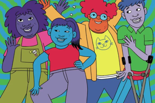 a drawing of four colorful kids standing representing different races and backgrounds