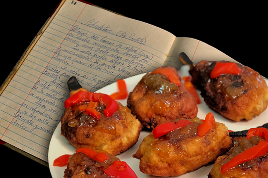 This is an image of a dish call chuletas (pork chops); a dish that looks like pork, but it's actually french toast, bread molded into the shape of pork chops.