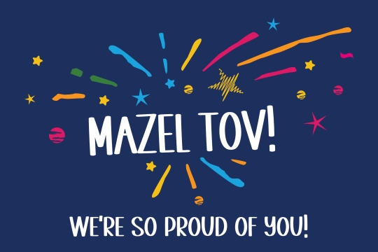 Ecard with blue background, blue, red and yellow fireworks and says "Mazel Tov - We're So Proud of You"