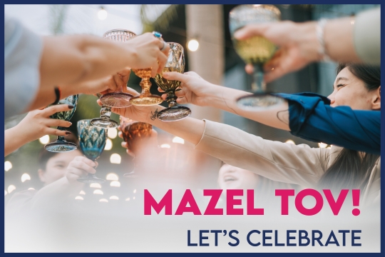 Ecard with an image of multiple people cheering wine glasses, says "Mazel Tov - Let's Celebrate"