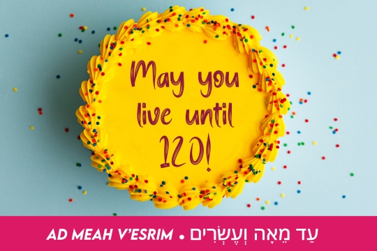 Ecard with an image of the top of a yellow cake, muticolored sprinkles and says "May You Live Until 120 - Ad Meah V'esrim"