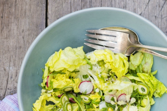Herb Salad with Feta Cheese, Halvah, and Green Almonds 