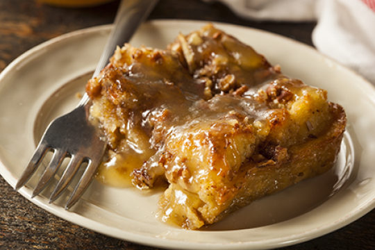 Apples and Honey Cake Bread Pudding with Butterscotch Sauce