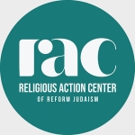 Photo of the RAC logo, a cyan circle with the words "RAC" and "Religious Action Center of Reform Judaism" in white
